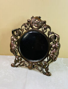 Antique Tabletop Ornate French Bronze Mirror With Easel