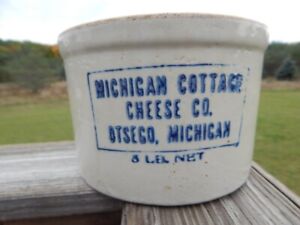 Vintage Michigan Cottage Cheese Co Stoneware Pottery Crock Ostego Michigan 5lb