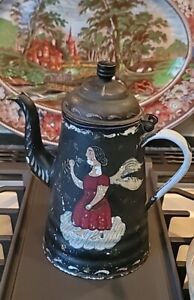 Antique Toleware Painted Coffee Pot Angels Pennsylvania Dutch Style Name Date