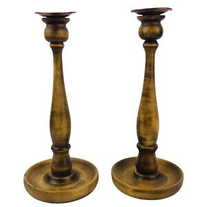Antique Candlesticks Hand Turned Wood With Copper Inserts 11 5 Inch Lot Of 2