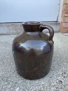 Antique Brown Glazed Handled Stoneware Pottery 1 Gal Crock Jar Bottle Moonshine