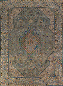 Sage Green Geometric Wool Tebriz Area Rug 8x11 Hand Knotted Living Room Carpet
