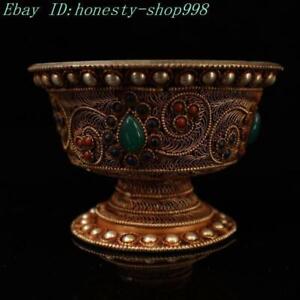 4 2 Chinese Ancient Dynasty Silver Filigree Gilt Gem Wine Cup Goblet Statue