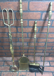 Vintage Brass Fireplace Tool Set 4 Piece Tongs Poker Shovel Broom