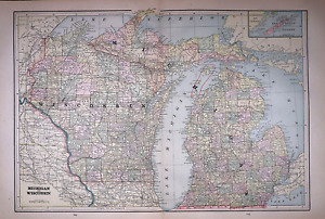 Old 1892 Michigan Wisconsin Map Authentic Atlas Map 14x21 Free S H P212