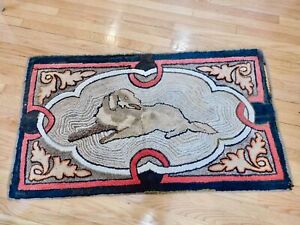 Antique Primitive Folk Art Hooked Rug Dog In Center W Scrolls Etc 