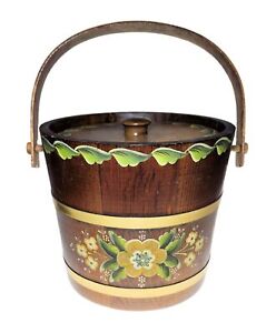 Wooden Hand Painted Tole Firkin W Lid Folk Art Sugar Bucket