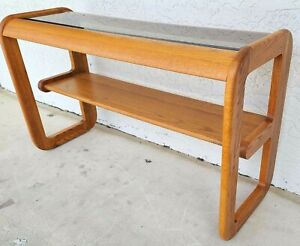 1970 S Mid Century Modern Hodges Mersman Oak Smoked Glass Console Sofa Table