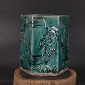 Chinese Porcelain Qing Guangxu Green Glaze Dragon Brush Pots 5 11 Inch