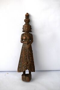 Antique Wooden Doll Indian Art Statue Figurine Hand Carved Gujarati Woman Rare F