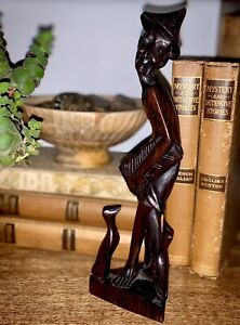 Vintage 1930 Balinese Bali Lombok Farmer Statue Hand Carved Rosewood 9 X3 