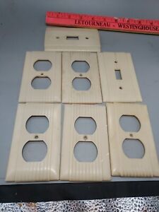 7 Vintage Ivory Uniline 5 Receptacles 2 Sw Wall Plate Covers Ribbed Bakelite P7