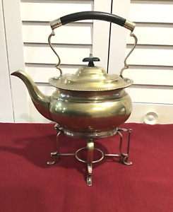 Antique Sheffield England Epns Silver Brass Ornate Tea Pot W Burner Stand 02003