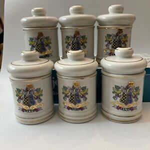 Vtg 6 Porcelain Apothecary Jars Gold Trim Japan