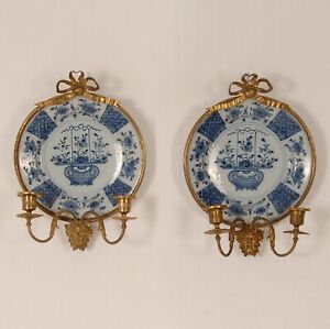 18th C Delft Wall Sconces Delftware Candelabra Plate Chinoiserie Kangxi A Pair