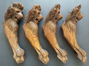 Set Of 4 Antique Hand Carved Victorian Oak Wood Lion Head Claw Paw Table Legs