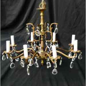Vtg Brass Bronze Crystal Chandelier Spanish French 8 Arm Hollywood Regency Glam