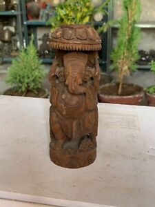 South Indian Antique Old Hand Carved Wooden Lord Ganesha Figurine Statue 6 