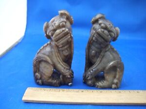 Nice Old Pair Chinese Carved Soapstone Foo Dog Figures Well Carved
