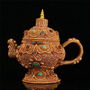 6 69 Collect Nepal Tibetan Silver Gold Plated Inlay Gem Filigree Teapot Wine Pot
