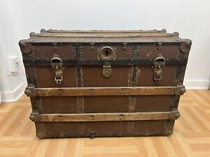 Vintage Wood Steamer Trunk Chest Coffee Table Storage Box Antique Brown Wooden