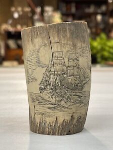 Antique Faux Whale Tooth Scrimshaw Ship Pencil Cup
