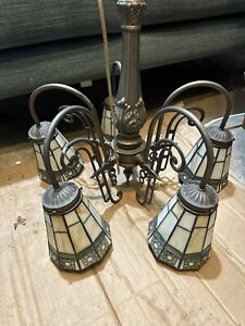 Vintage Arts Crafts Staind Glass 5 Arm Chandelier Iron Spelter Matal Light