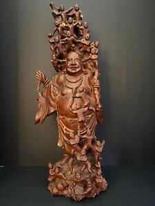 Hand Carved Wooden Chinese Laughing Buddha Climbing Children Statue 24 Height