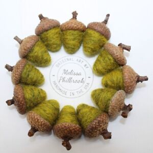 12 Primitive Chartreuse Green Acorn Bowl Fillers Needle Felted Melissa Philbrook