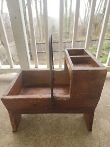 Primitive Wooden Tool Box With Handle And Leather Straps On The Side