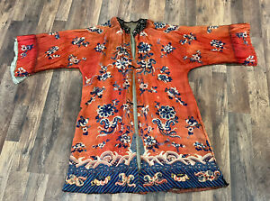 Beautiful Antique Chinese Silk Embroidery Robe With Blue Flowers Butterflies
