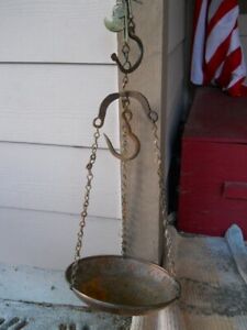 Vintage Hanging 2 Hook Beam Market Scale Brass Iron W Copper Pan No Weight