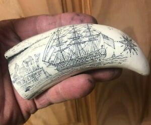 Scrimshaw Sperm Whale Tooth Reproduction 2 Angels Over British Ship Hms Victory