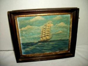 1882 Naive Folk Art Oil Painting Clipper Ship Sm Primitive Wood Gilt Frame