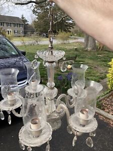 Beautiful 5 Arm Vintage Crystal Chandelier Glass Arms Etched Chimneys 40 Prisms