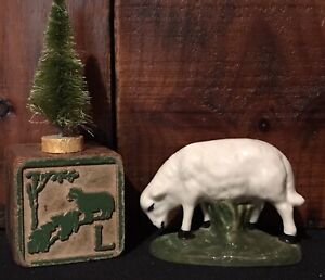 Primitive Ceramic Sheep Lamb Bottlebrush Tree Antique Toy Block Aafa