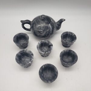 Stone Carved Marble Teapot Set Grey White Marble Round As Is Read Desc 