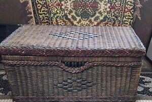 Vintage Dark Wicker Rattan Trunk With Wooden Frame And Lid