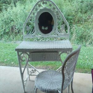 Mid Century White Wicker Rattan Vanity Make Up Table Mirror And Chair Original