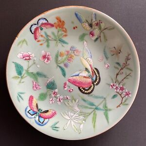 Chinese Antique Celadon Canton Butterfly Plate 19th C 1729