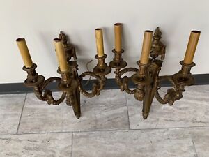 Antique 19th Century Triple Arm French Gilded Bronze Sconces W Flaming Urn Dec 