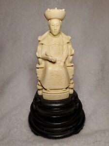 Chinese Hand Carved Resin Emperor Empress Figures 9 With Glass Wooden Base
