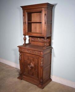 French Antique Renaissance Revival Oak Wood Bookcase Buffet Display Cabinet