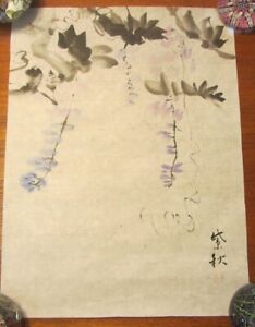 Vintage Original Japanese Watercolor Painting Flowers Wisteria Art Signed Sea