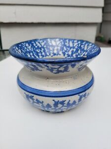Vintage Blue Cream Spongeware Spittoon Stoneware