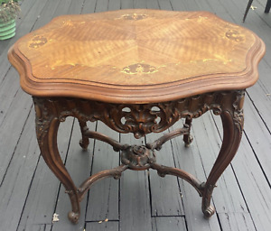 Estate Sale Antique 1920s French Louis Xv Carved Walnut Inlaid Lamp End Table