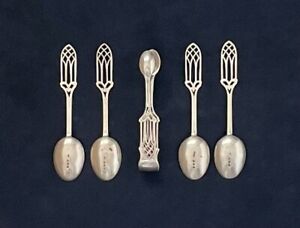 Antique William Devenport Birmingham Sterling Set 4 Spoons And Tongs Circa 1900