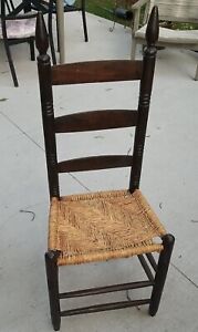 Antique Ladder Back Dining Chair Black Stained Rush Seat 45 Tall Hand Turned