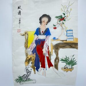 Antique Vintage Japanese Watercolor Geisha Painting On Silk Unframed Beautiful 