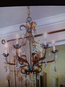 Large Vintage French Tole Chandelier 6 Arms Bronze Color W Heavy Crystal Prism